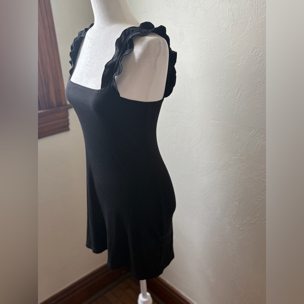 Wild Honey Black Ribbed Square Neck Ruffle Strap Mini Dress S - Picture 5 of 10